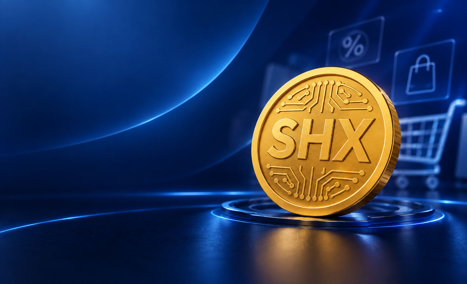 Gold SHX Coin on a blue cryptocurrency payment background
